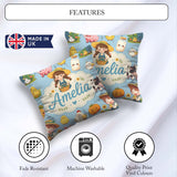 Custom Name Cute Farm Animals Girl Pig Cow Chicken Blue Seamless Square Filled Cushion Throw Pillow Sofa Bed Home Decor Zip Washable UK Made