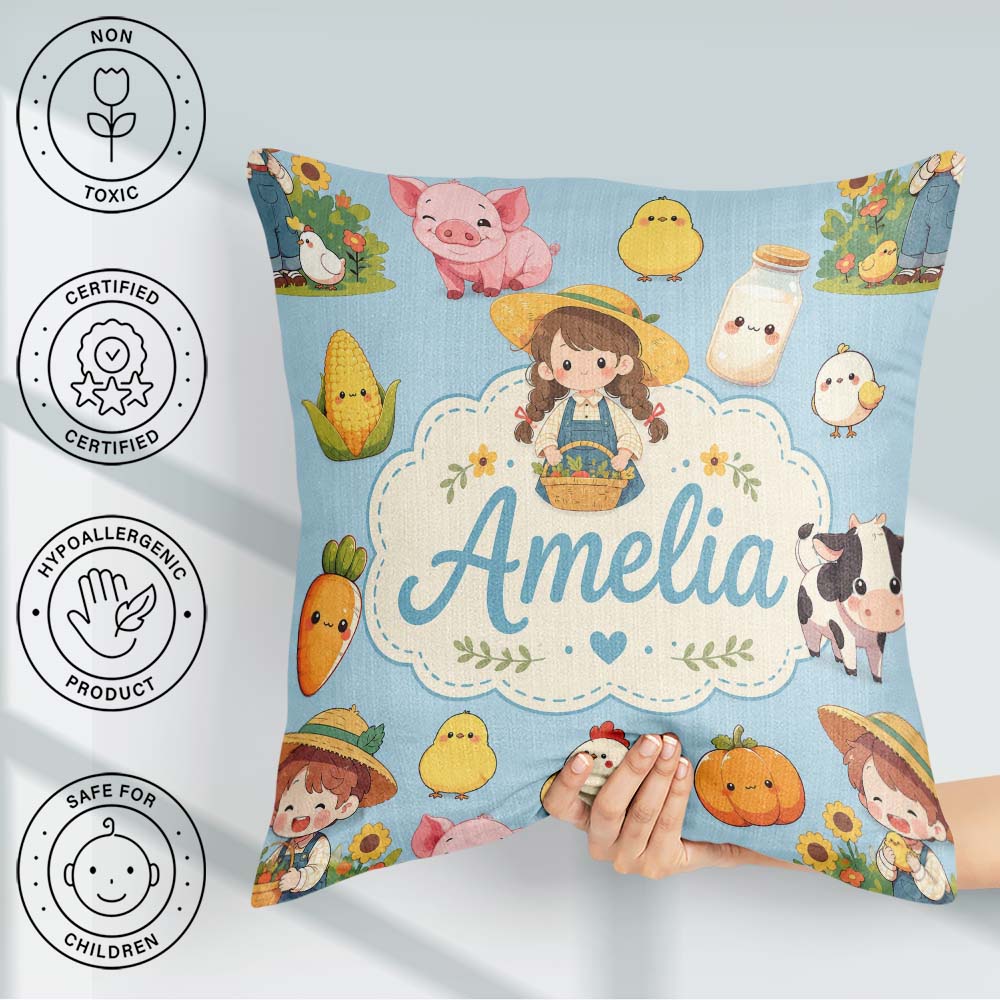 Custom Name Cute Farm Animals Girl Pig Cow Chicken Blue Seamless Square Filled Cushion Throw Pillow Sofa Bed Home Decor Zip Washable UK Made