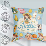 Custom Name Cute Farm Animals Girl Pig Cow Chicken Blue Seamless Square Filled Cushion Throw Pillow Sofa Bed Home Decor Zip Washable UK Made