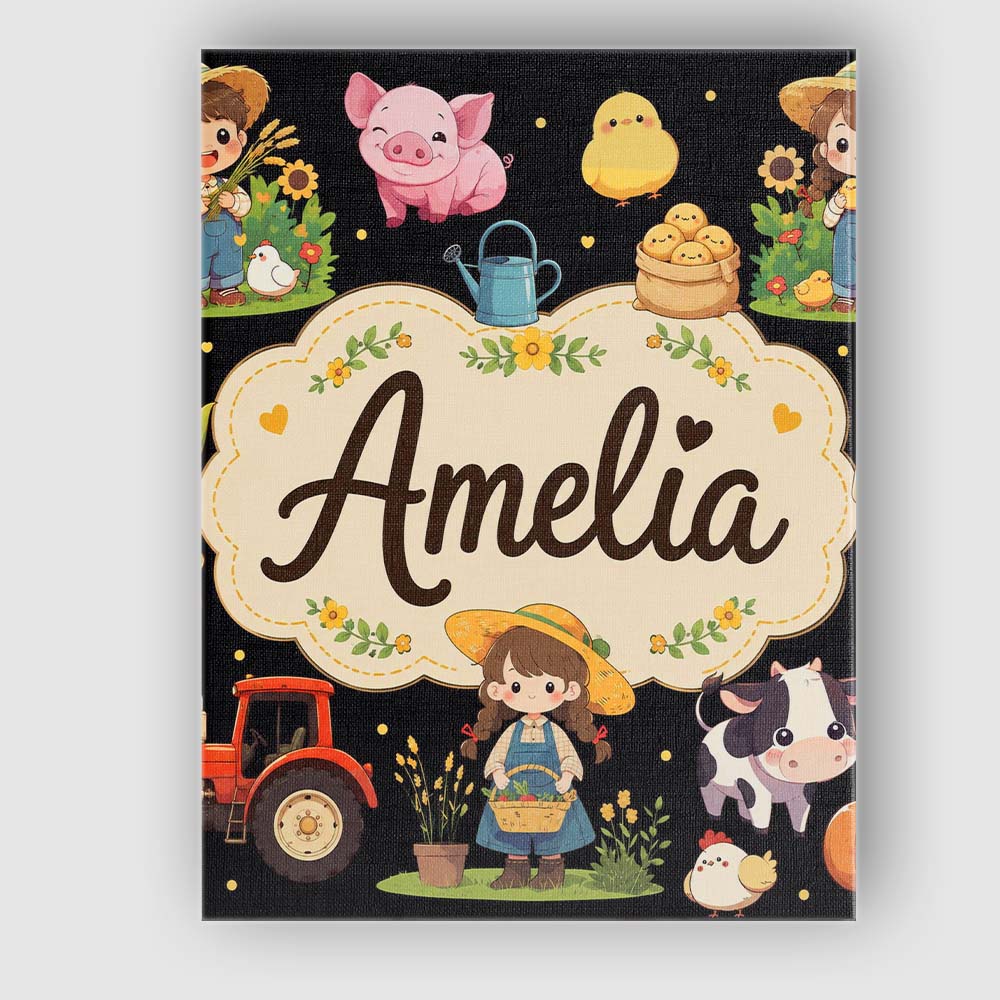 Personalised Name Cute Farm Animals Girl Custom  Unique Gift Idea Elegant Feature Canvas Wall Art Print Decor Picture Ready to Hang