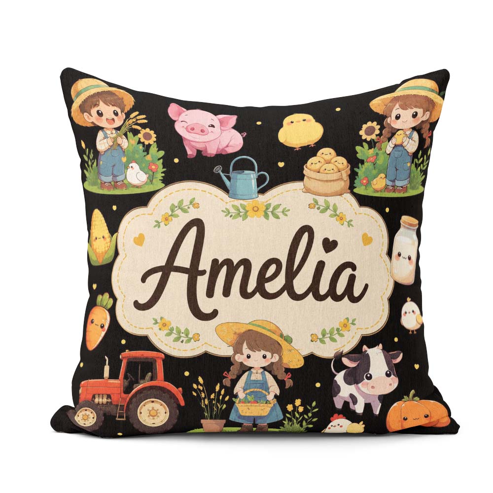 Custom Name Farm Animals Girl Pig Cow Black Background Seamless Square Filled Cushion Throw Pillow Sofa Bed Home Decor Zip Washable UK Made