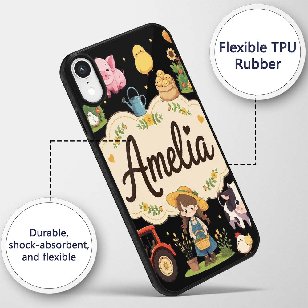 Cute Farm Animals Girl Pig Cow Chicken Black Custom Name Protective Phone Case Mobile Cover Durable Everyday Smartphone Shock Resistant
