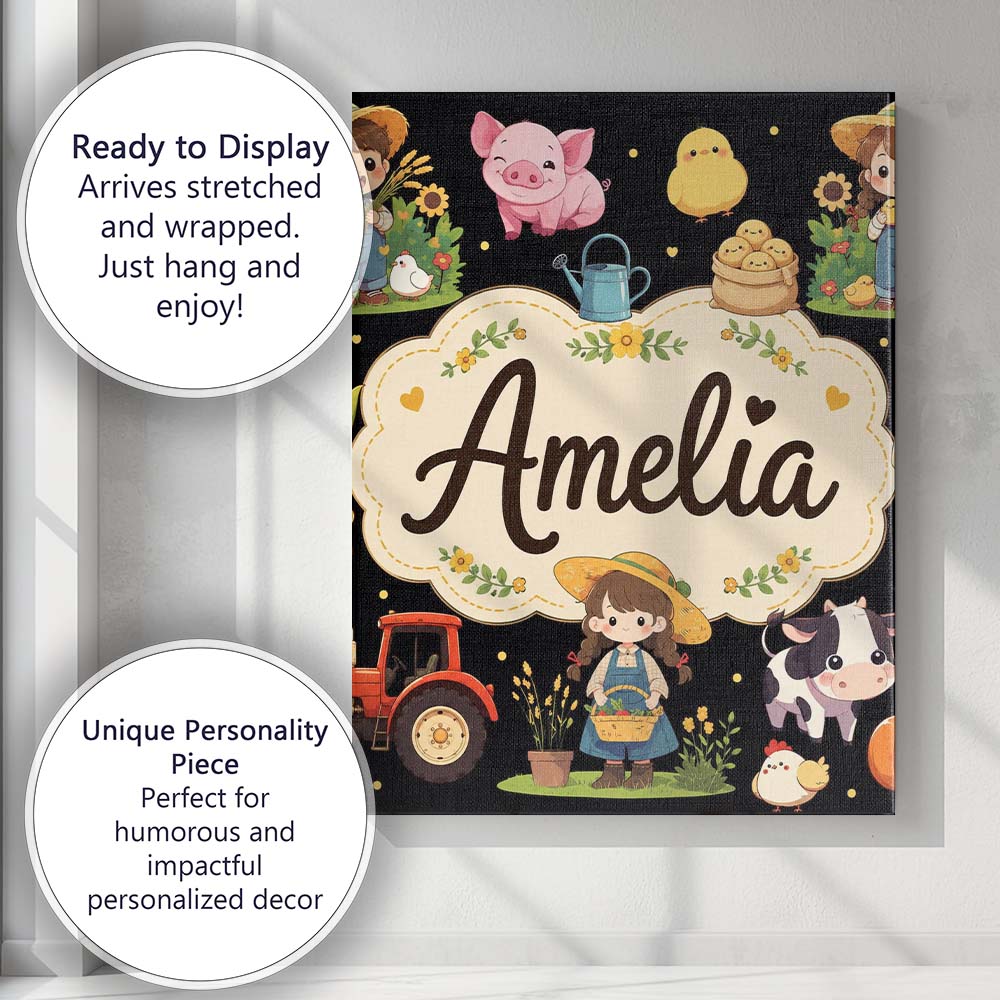 Personalised Name Cute Farm Animals Girl Custom  Unique Gift Idea Elegant Feature Canvas Wall Art Print Decor Picture Ready to Hang