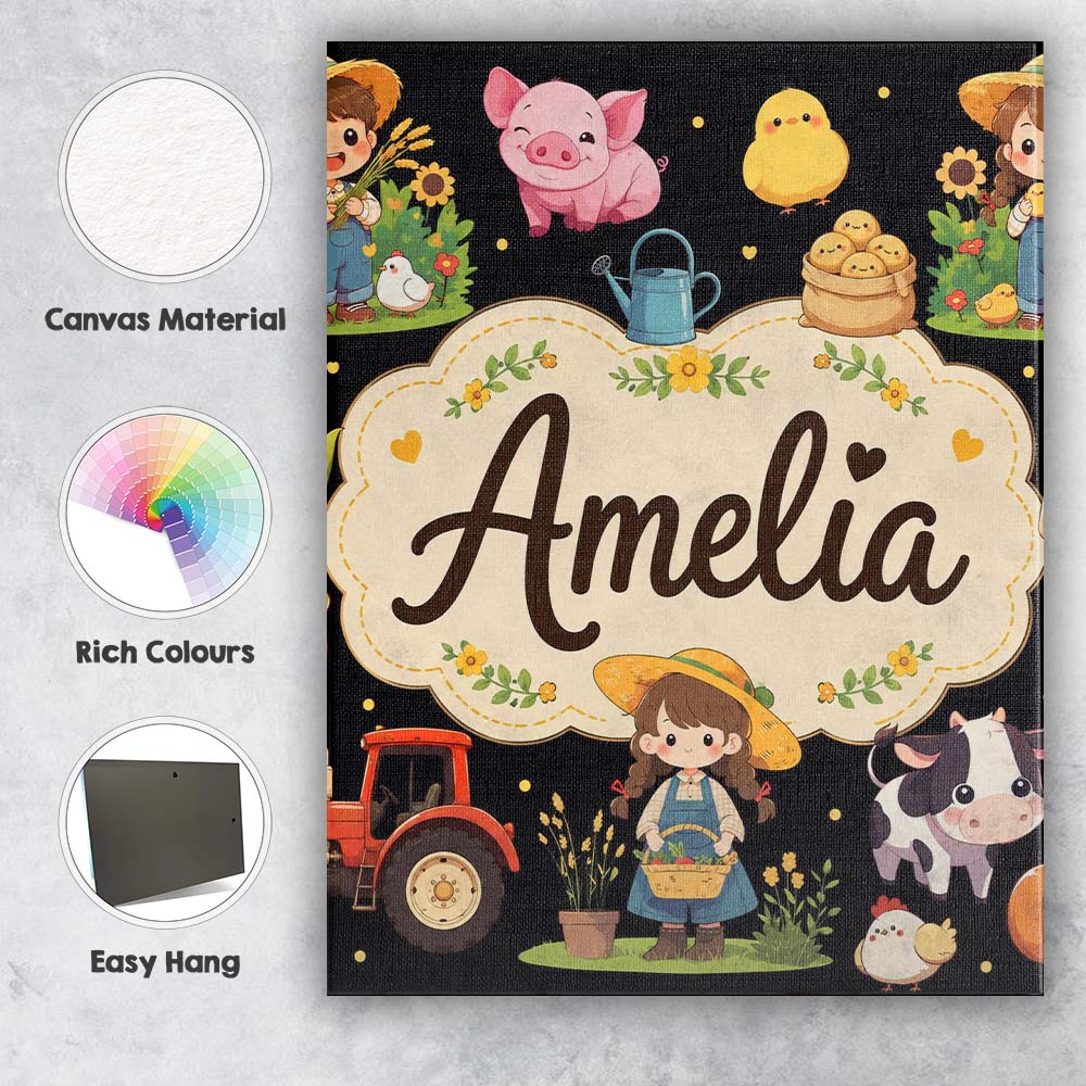 Personalised Name Cute Farm Animals Girl Custom  Unique Gift Idea Elegant Feature Canvas Wall Art Print Decor Picture Ready to Hang