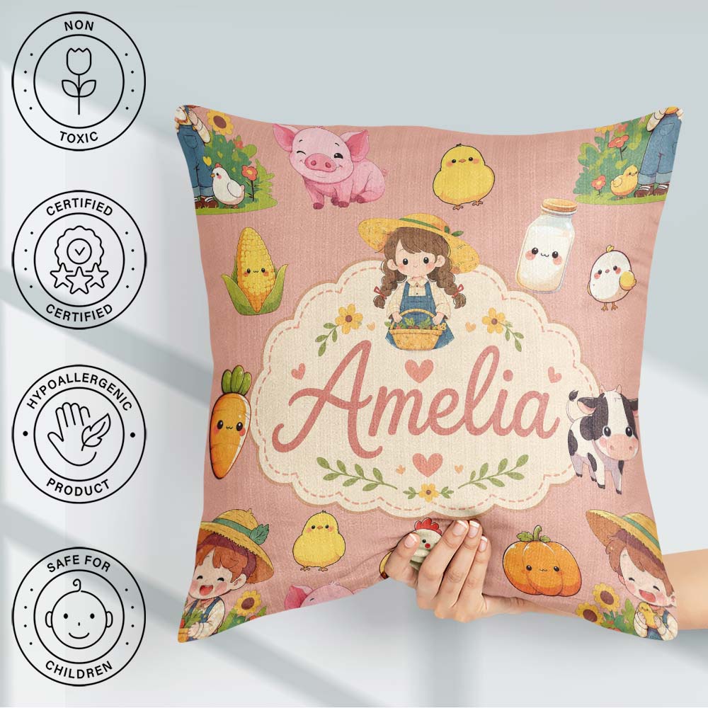 Custom Name Farm Animals Girl Pig Cow Peach Background Seamless Square Filled Cushion Throw Pillow Sofa Bed Home Decor Zip Washable UK Made
