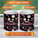 Personalized Custom Name Cute Cherry Bow and Daisy Seamless Pattern on Black Cute Unique Gift 11oz Ceramic Coffee Tea Mug White Large Handle