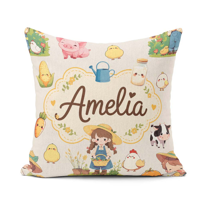 Custom Name Farm Animals Girl Pig Cow Cream Background Seamless Square Filled Cushion Throw Pillow Sofa Bed Home Decor Zip Washable UK Made