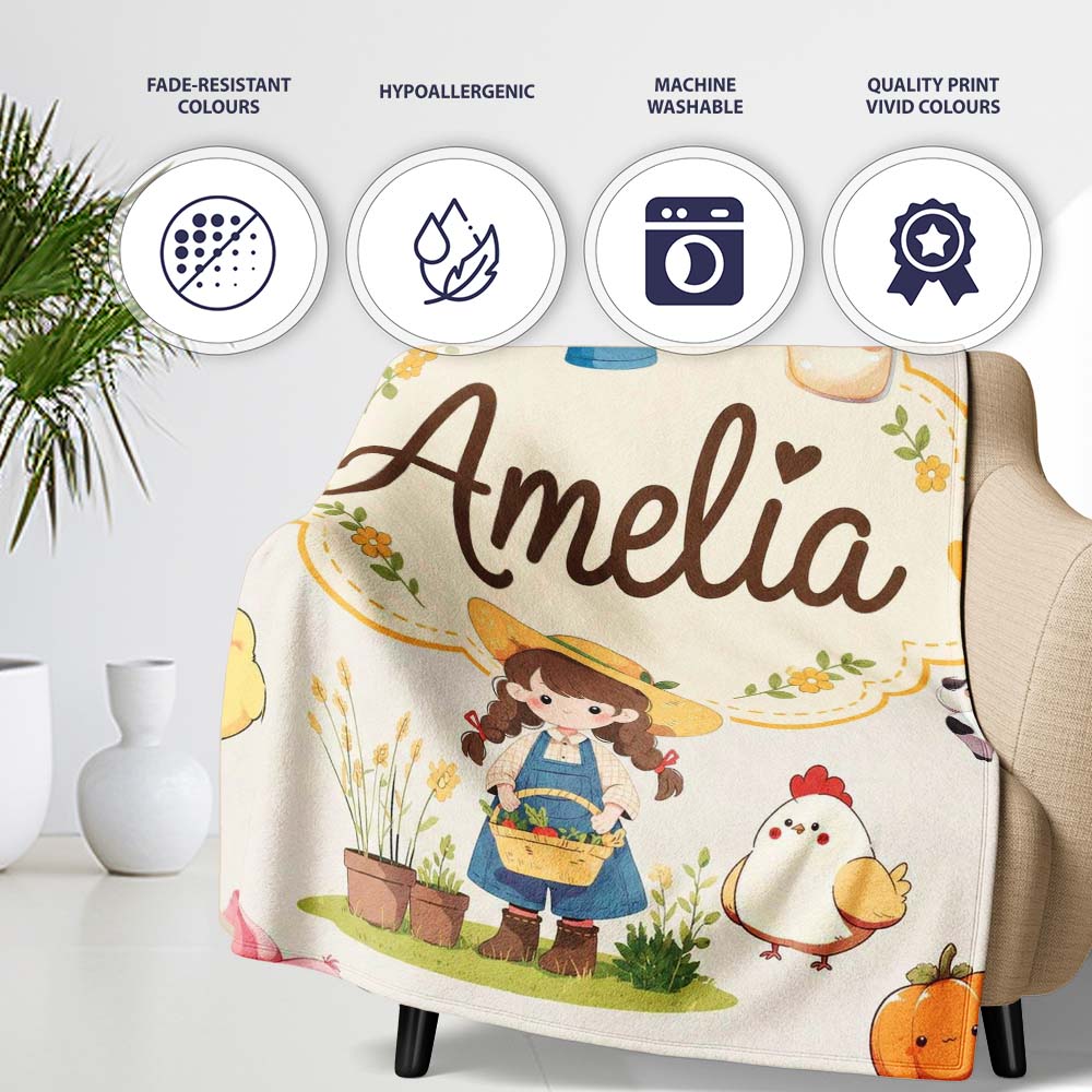 Cute Farm Animals Girl Pig Cow Chicken Cream Background Seamless  Personalised Custom Name Super Soft Fleece Blanket Bed Sofa Throw
