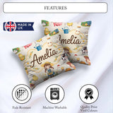 Custom Name Farm Animals Girl Pig Cow Cream Background Seamless Square Filled Cushion Throw Pillow Sofa Bed Home Decor Zip Washable UK Made