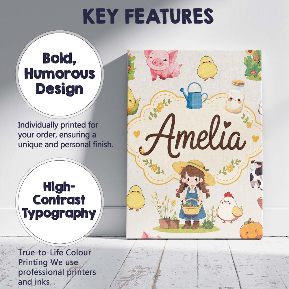 Personalised Name Cute Farm Animals Girl Custom  Unique Gift Idea Elegant Feature Canvas Wall Art Print Decor Picture Ready to Hang