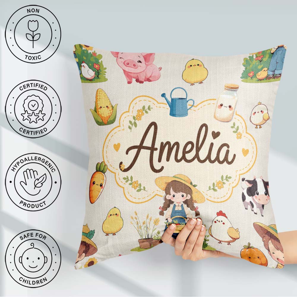 Custom Name Farm Animals Girl Pig Cow Cream Background Seamless Square Filled Cushion Throw Pillow Sofa Bed Home Decor Zip Washable UK Made