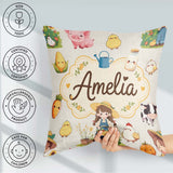 Custom Name Farm Animals Girl Pig Cow Cream Background Seamless Square Filled Cushion Throw Pillow Sofa Bed Home Decor Zip Washable UK Made