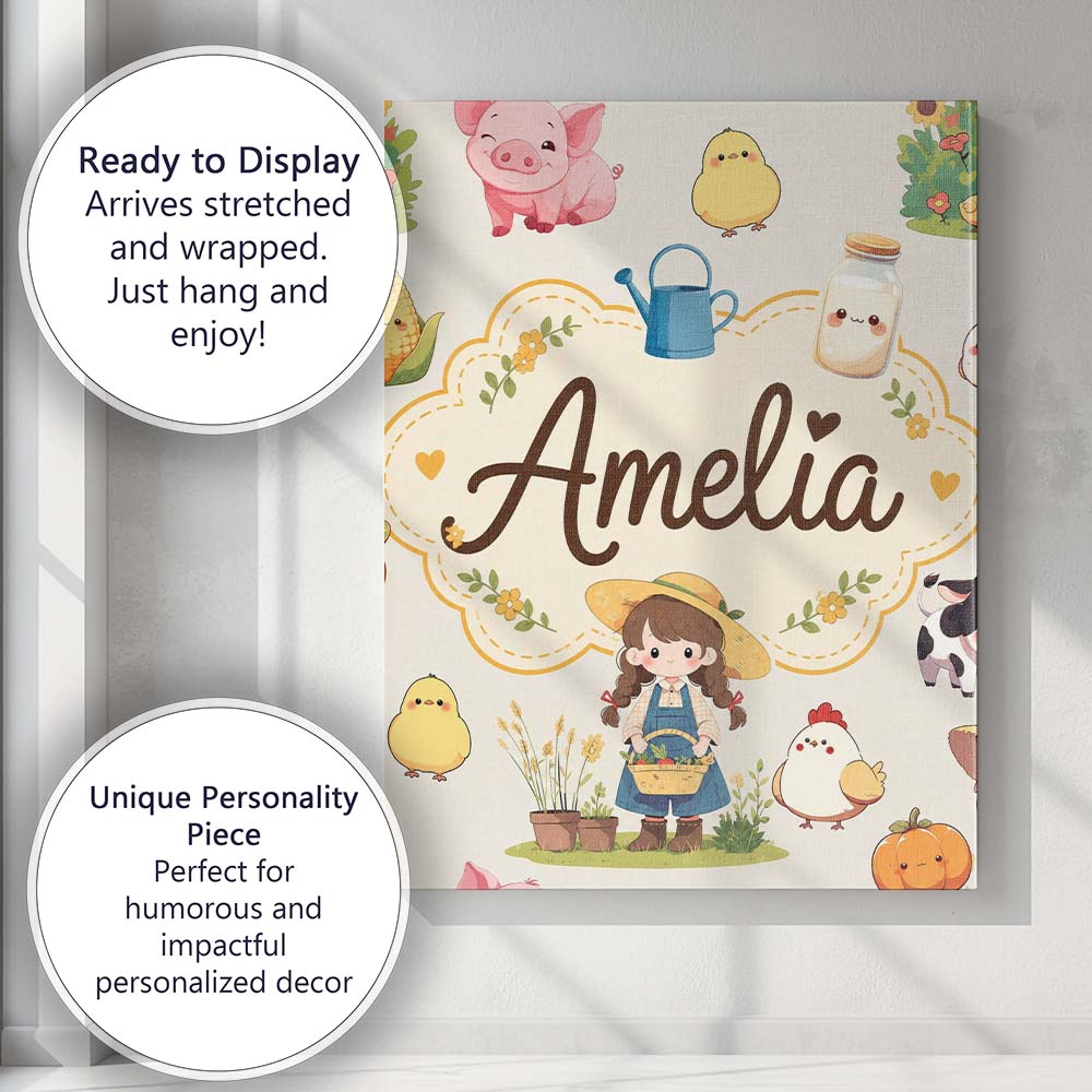Personalised Name Cute Farm Animals Girl Custom  Unique Gift Idea Elegant Feature Canvas Wall Art Print Decor Picture Ready to Hang