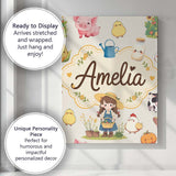 Personalised Name Cute Farm Animals Girl Custom  Unique Gift Idea Elegant Feature Canvas Wall Art Print Decor Picture Ready to Hang