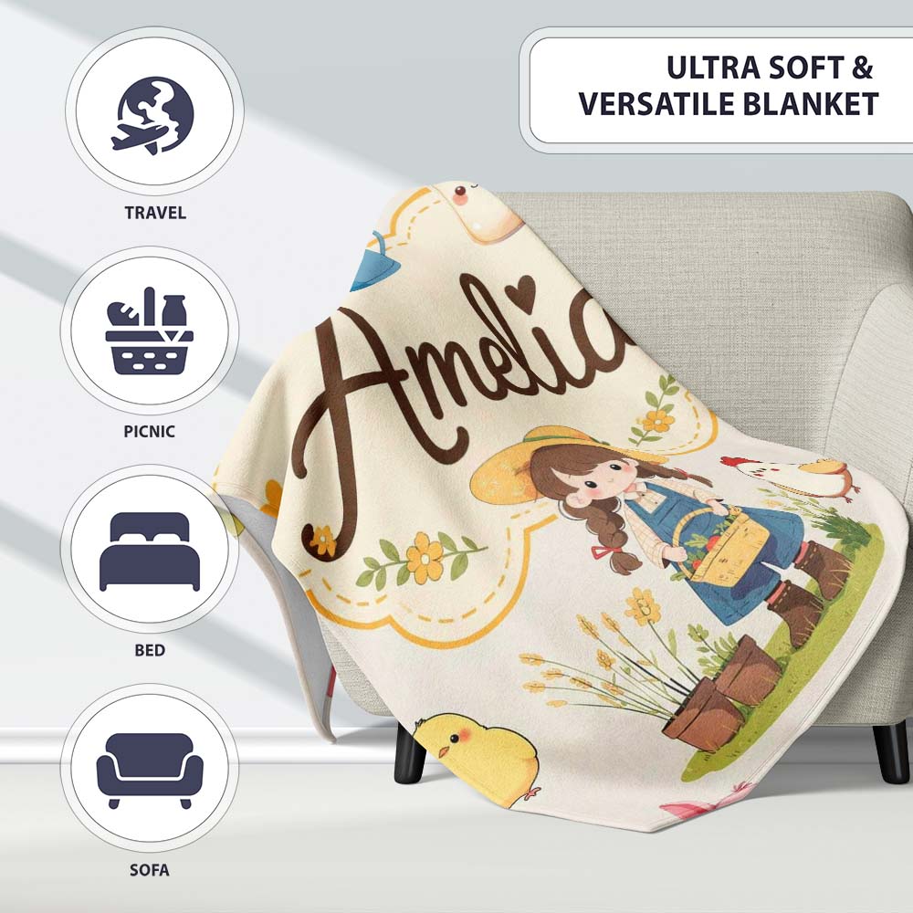 Cute Farm Animals Girl Pig Cow Chicken Cream Background Seamless  Personalised Custom Name Super Soft Fleece Blanket Bed Sofa Throw
