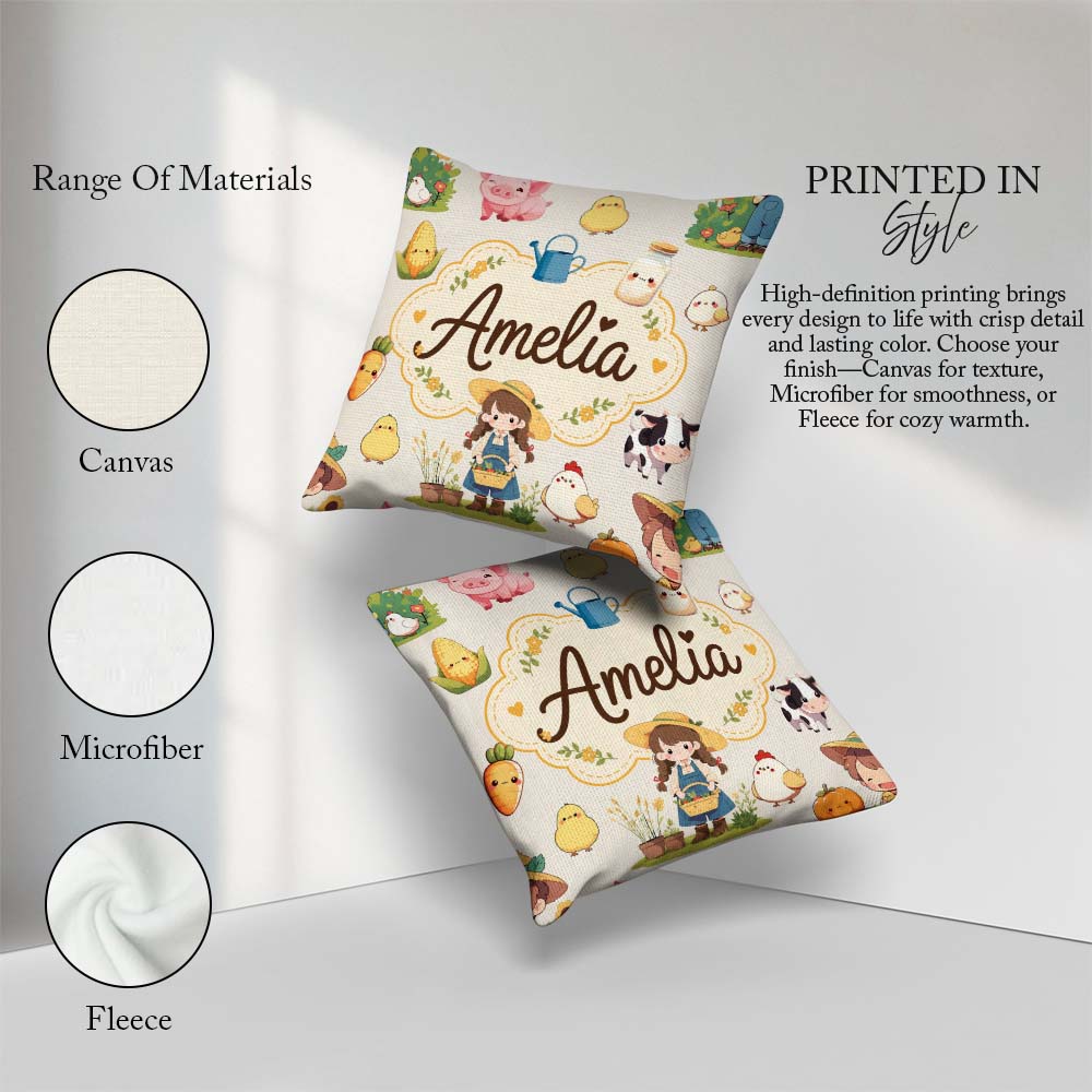 Custom Name Farm Animals Girl Pig Cow Cream Background Seamless Square Filled Cushion Throw Pillow Sofa Bed Home Decor Zip Washable UK Made