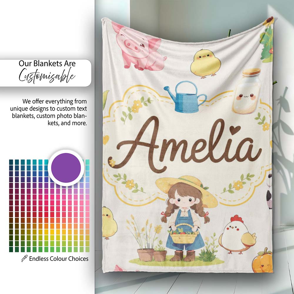Cute Farm Animals Girl Pig Cow Chicken Cream Background Seamless  Personalised Custom Name Super Soft Fleece Blanket Bed Sofa Throw