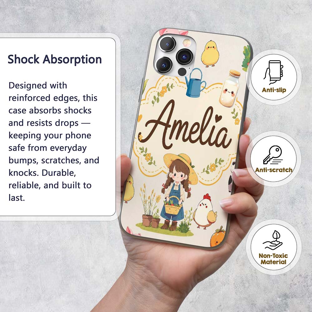 Cute Farm Animals Girl Pig Cow Chicken Cream Custom Name Protective Phone Case Mobile Cover Durable Everyday Smartphone Shock Resistant