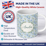 Personalized Custom Name Delicate White Floral on Soft Blue Background Seamless Pattern 11oz Ceramic Coffee Tea Mug White Large Handle