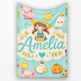 Cute Farm Animals Girl Pig Cow Chicken Mint Green Background Lovely  Personalised Custom Name Super Soft Fleece Blanket Bed Sofa Throw