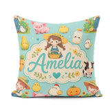 Custom Name Cute Farm Animals Girl Pig Cow Mint Green Background Square Filled Cushion Throw Pillow Sofa Bed Home Decor Zip Washable UK Made