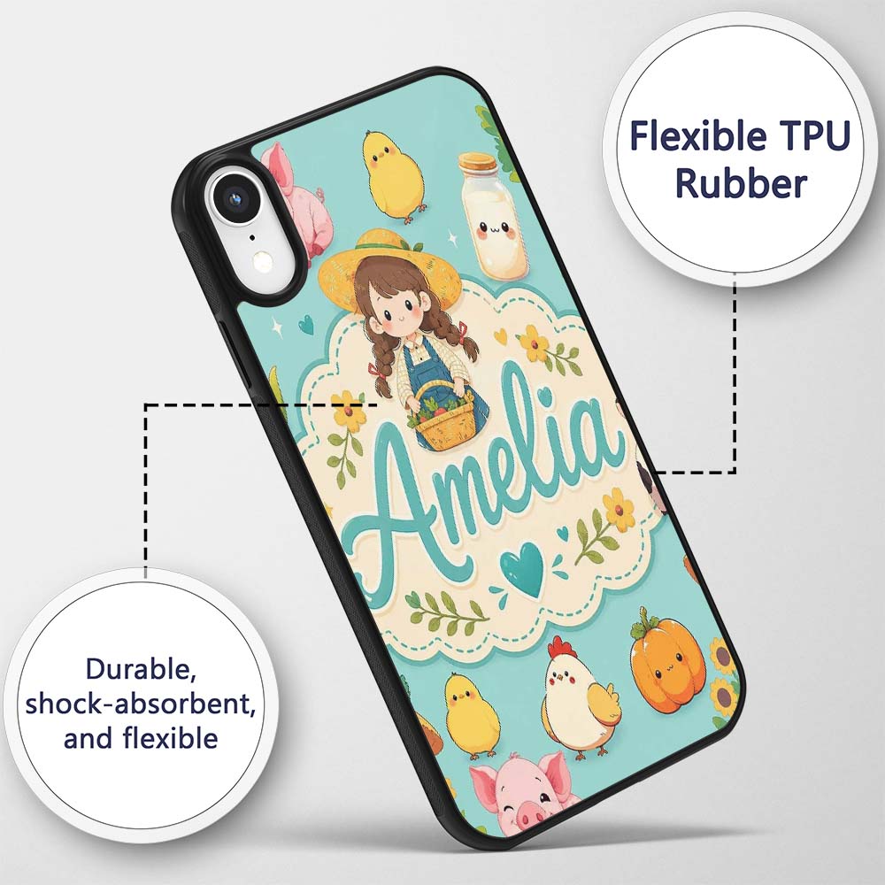 Cute Farm Animals Girl Pig Cow Chicken Mint Green Custom Name Protective Phone Case Mobile Cover Durable Everyday Smartphone Shock Resistant
