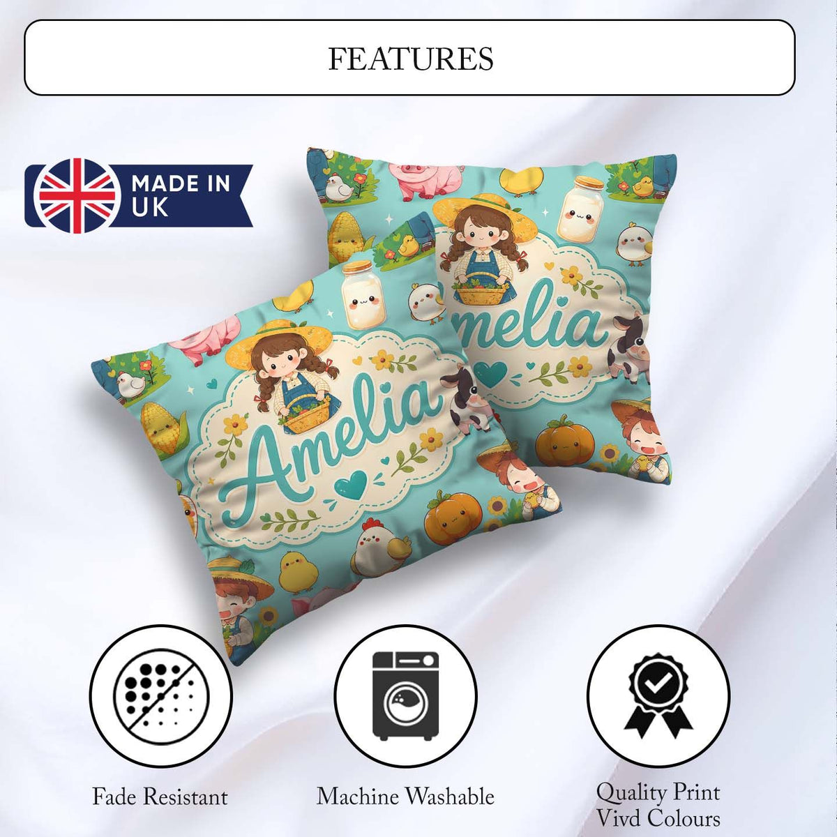 Custom Name Cute Farm Animals Girl Pig Cow Mint Green Background Square Filled Cushion Throw Pillow Sofa Bed Home Decor Zip Washable UK Made