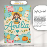 Cute Farm Animals Girl Pig Cow Chicken Mint Green Background Lovely  Personalised Custom Name Super Soft Fleece Blanket Bed Sofa Throw