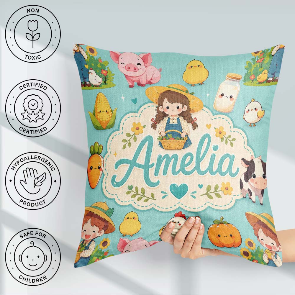 Custom Name Cute Farm Animals Girl Pig Cow Mint Green Background Square Filled Cushion Throw Pillow Sofa Bed Home Decor Zip Washable UK Made