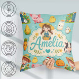 Custom Name Cute Farm Animals Girl Pig Cow Mint Green Background Square Filled Cushion Throw Pillow Sofa Bed Home Decor Zip Washable UK Made