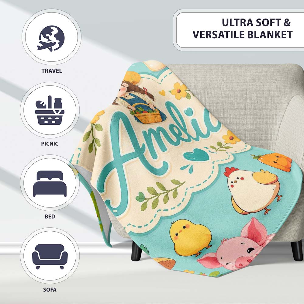 Cute Farm Animals Girl Pig Cow Chicken Mint Green Background Lovely  Personalised Custom Name Super Soft Fleece Blanket Bed Sofa Throw