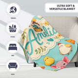 Cute Farm Animals Girl Pig Cow Chicken Mint Green Background Lovely  Personalised Custom Name Super Soft Fleece Blanket Bed Sofa Throw