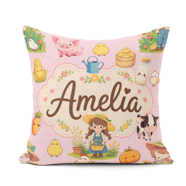 Custom Name Farm Animals Girl Pig Cow Chicken Soft Pink Seamless Square Filled Cushion Throw Pillow Sofa Bed Home Decor Zip Washable UK Made