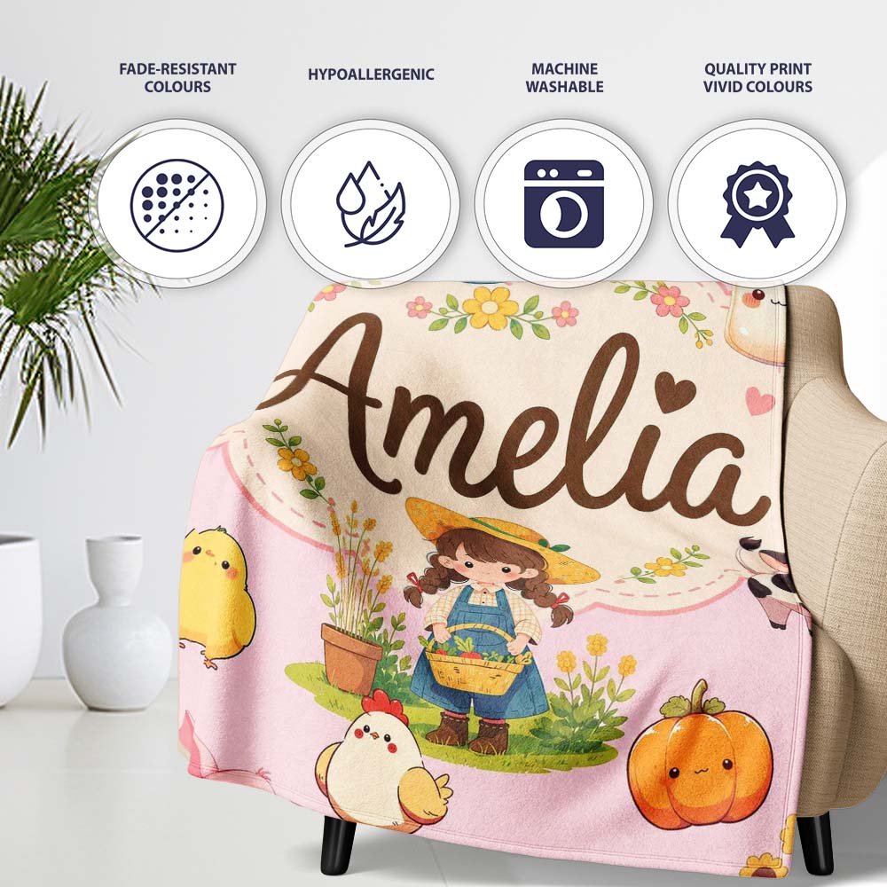 Cute Farm Animals Girl Pig Cow Chicken Soft Pink Background Seamless  Personalised Custom Name Super Soft Fleece Blanket Bed Sofa Throw