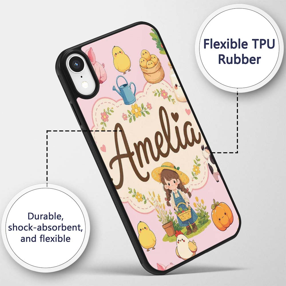 Cute Farm Animals Girl Pig Cow Chicken Soft Pink Custom Name Protective Phone Case Mobile Cover Durable Everyday Smartphone Shock Resistant