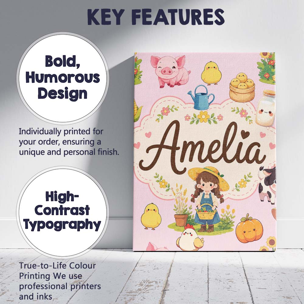 Personalised Name Cute Farm Animals Girl Custom  Unique Gift Idea Elegant Feature Canvas Wall Art Print Decor Picture Ready to Hang