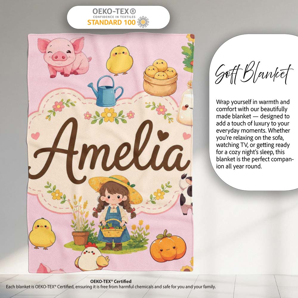 Cute Farm Animals Girl Pig Cow Chicken Soft Pink Background Seamless  Personalised Custom Name Super Soft Fleece Blanket Bed Sofa Throw