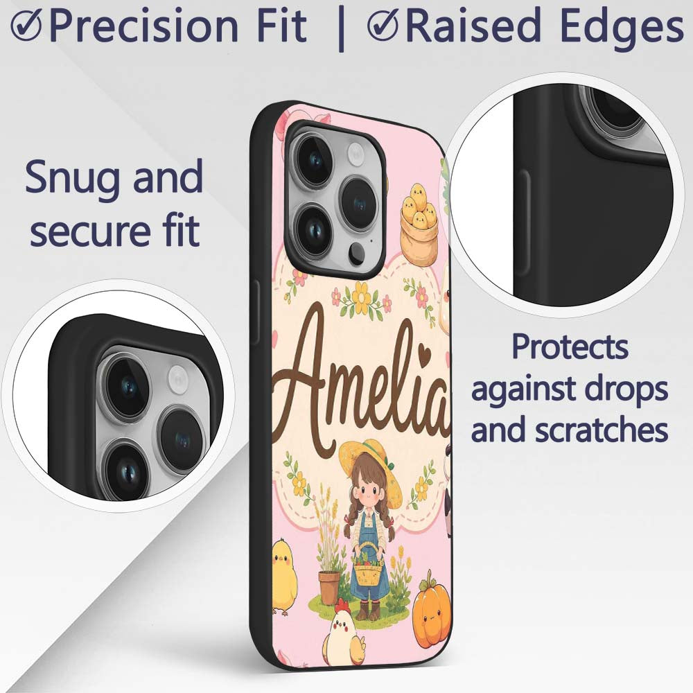 Cute Farm Animals Girl Pig Cow Chicken Soft Pink Custom Name Protective Phone Case Mobile Cover Durable Everyday Smartphone Shock Resistant