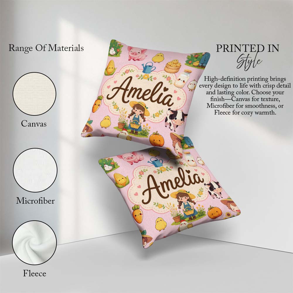 Custom Name Farm Animals Girl Pig Cow Chicken Soft Pink Seamless Square Filled Cushion Throw Pillow Sofa Bed Home Decor Zip Washable UK Made