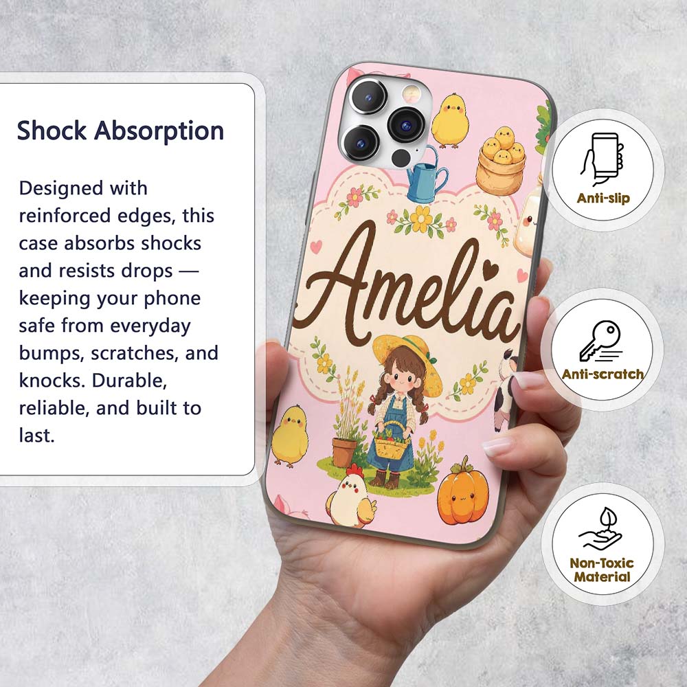 Cute Farm Animals Girl Pig Cow Chicken Soft Pink Custom Name Protective Phone Case Mobile Cover Durable Everyday Smartphone Shock Resistant