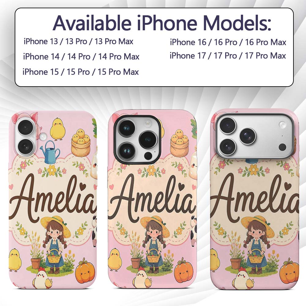 Cute Farm Animals Girl Pig Cow Chicken Soft Pink Custom Name Protective Phone Case Mobile Cover Durable Everyday Smartphone Shock Resistant