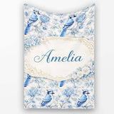 Blue Jay Bird Floral Garden Detailed Botanical Illustration Design  Personalised Custom Name Super Soft Fleece Blanket Bed Sofa Throw