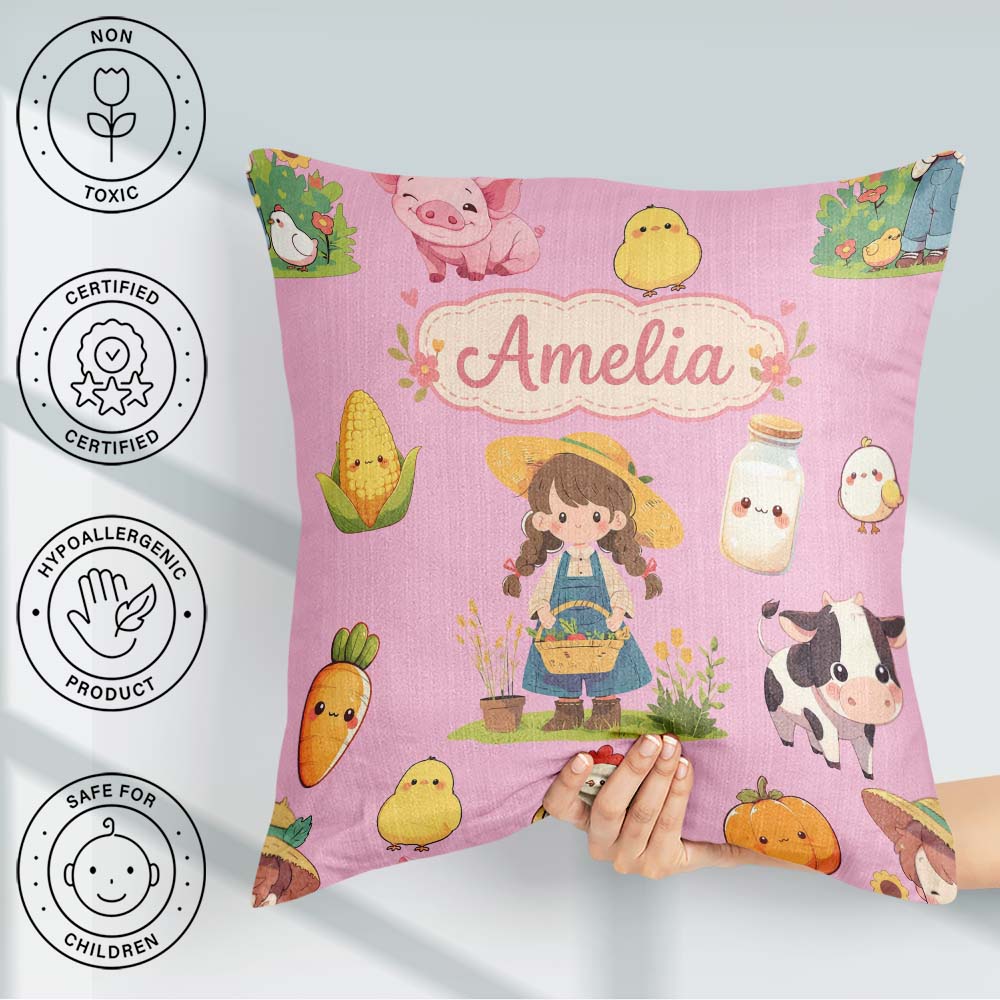Custom Name Farm Girl Pig Cow Corn Milk Pink Background Seamless Square Filled Cushion Throw Pillow Sofa Bed Home Decor Zip Washable UK Made