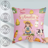 Custom Name Farm Girl Pig Cow Corn Milk Pink Background Seamless Square Filled Cushion Throw Pillow Sofa Bed Home Decor Zip Washable UK Made