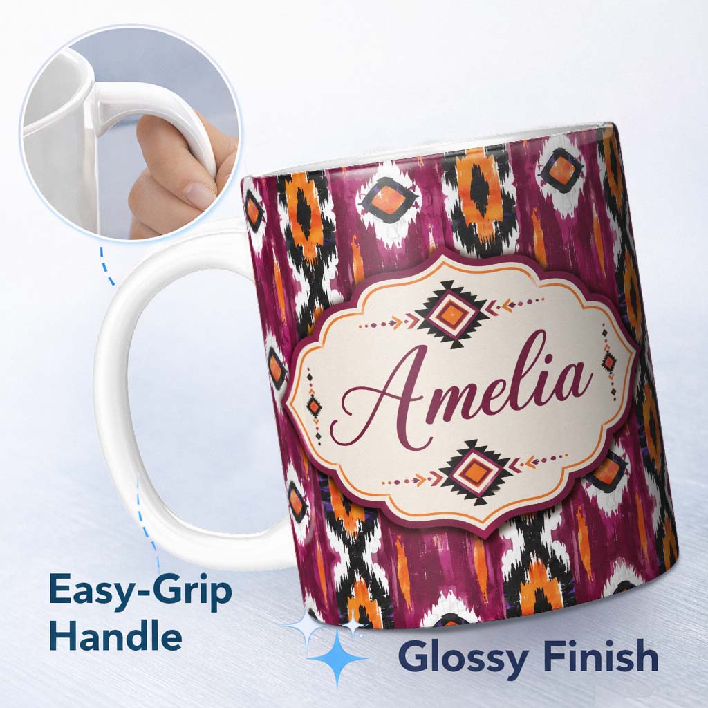 Personalized Custom Name Bold Magenta and Orange Abstract Tribal Seamless Pattern Lovely 11oz Ceramic Coffee Tea Mug White Large Handle