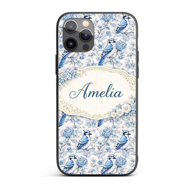 Blue Jay Bird Floral Garden Detailed Botanical Custom Name Protective Phone Case Mobile Cover Durable Everyday Smartphone Shock Resistant
