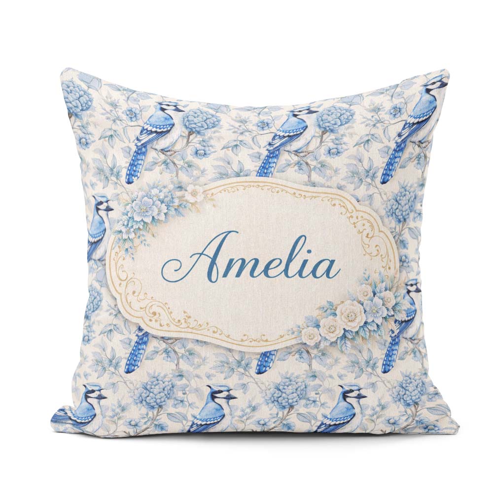 Custom Name Blue Jay Bird Floral Detailed Botanical Illustration Square Filled Cushion Throw Pillow Sofa Bed Home Decor Zip Washable UK Made