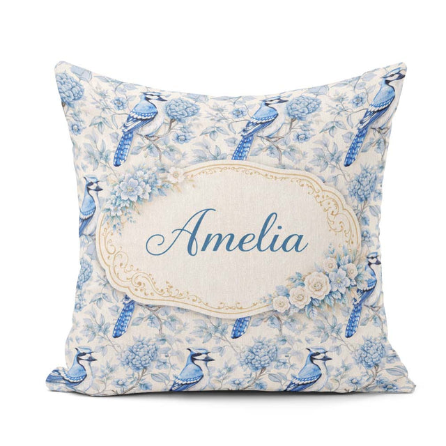 Custom Name Blue Jay Bird Floral Detailed Botanical Illustration Square Filled Cushion Throw Pillow Sofa Bed Home Decor Zip Washable UK Made