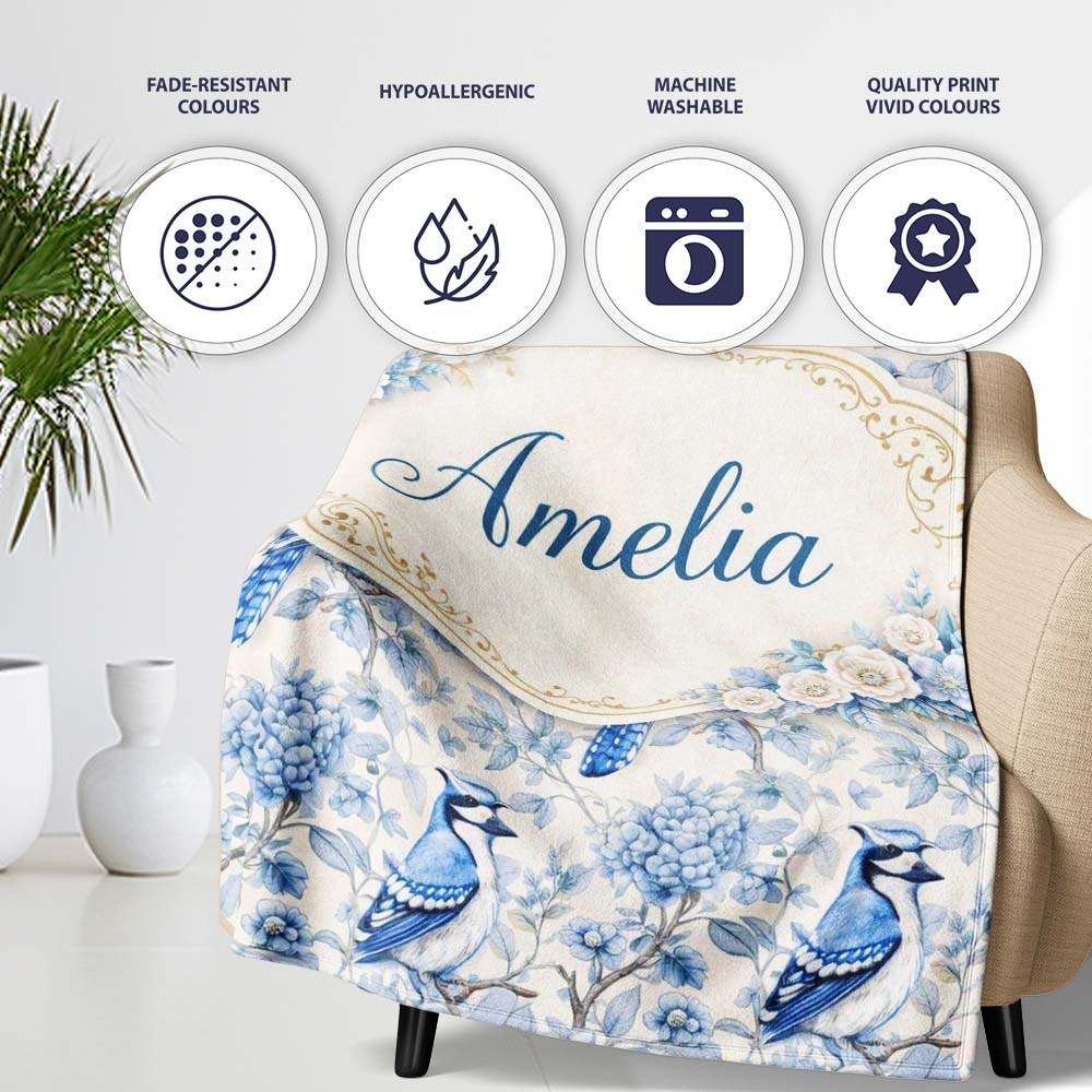 Blue Jay Bird Floral Garden Detailed Botanical Illustration Design  Personalised Custom Name Super Soft Fleece Blanket Bed Sofa Throw