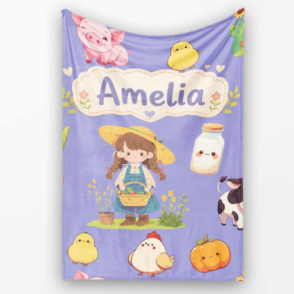 Cute Farm Girl Pig Cow Chicken Corn Milk Purple Background Seamless  Personalised Custom Name Super Soft Fleece Blanket Bed Sofa Throw